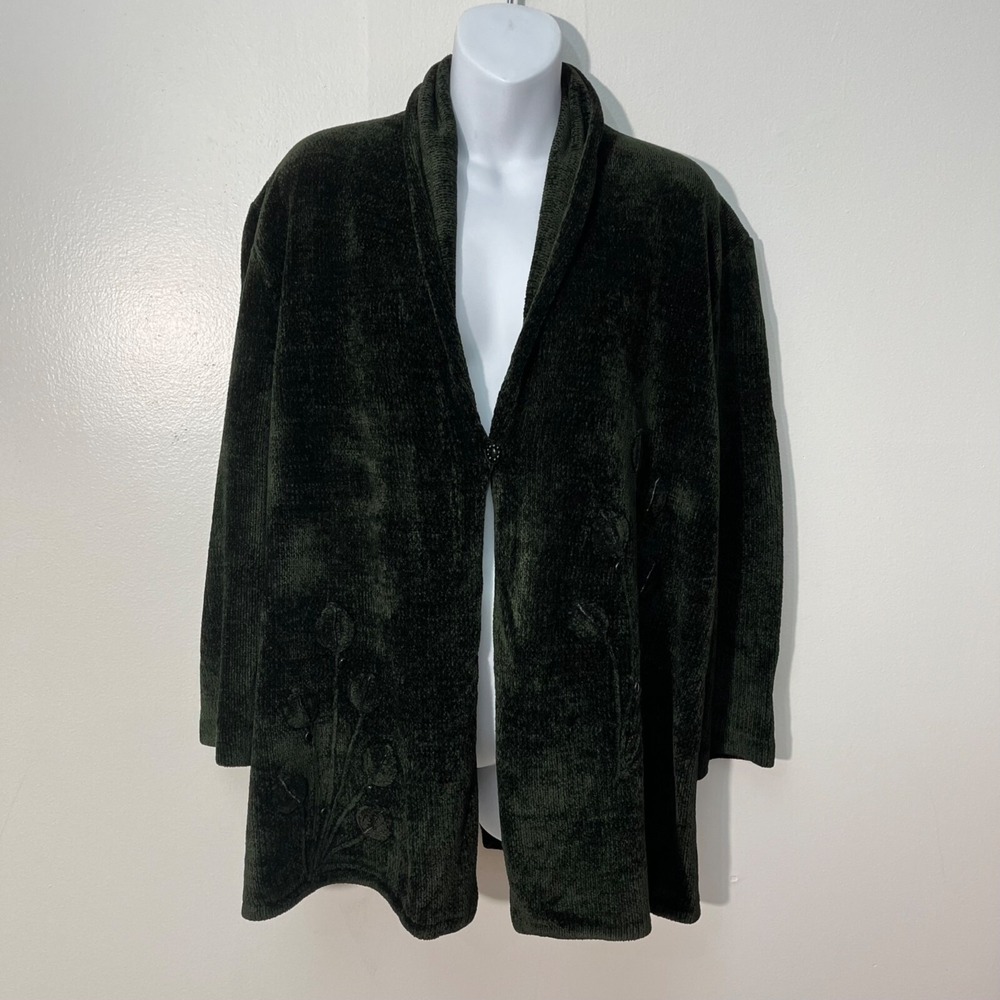 Lianne Barnes Dark Forest  Green Embroidered Shawl Collar Sweater‎  Size Medium